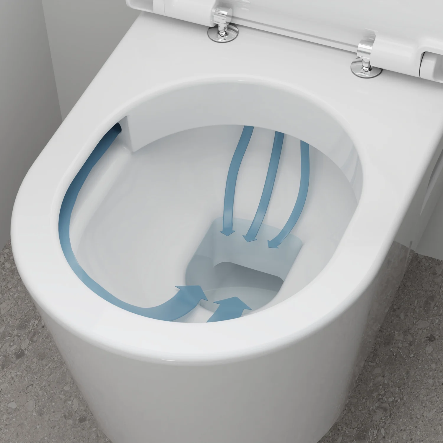 Zbliżenie wnętrza toalety z przepływem wody, hansgrohe