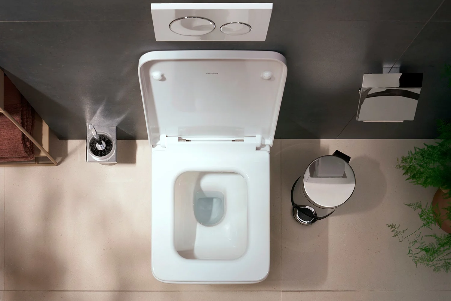 Toaleta z góry z otwartą pokrywą, hansgrohe