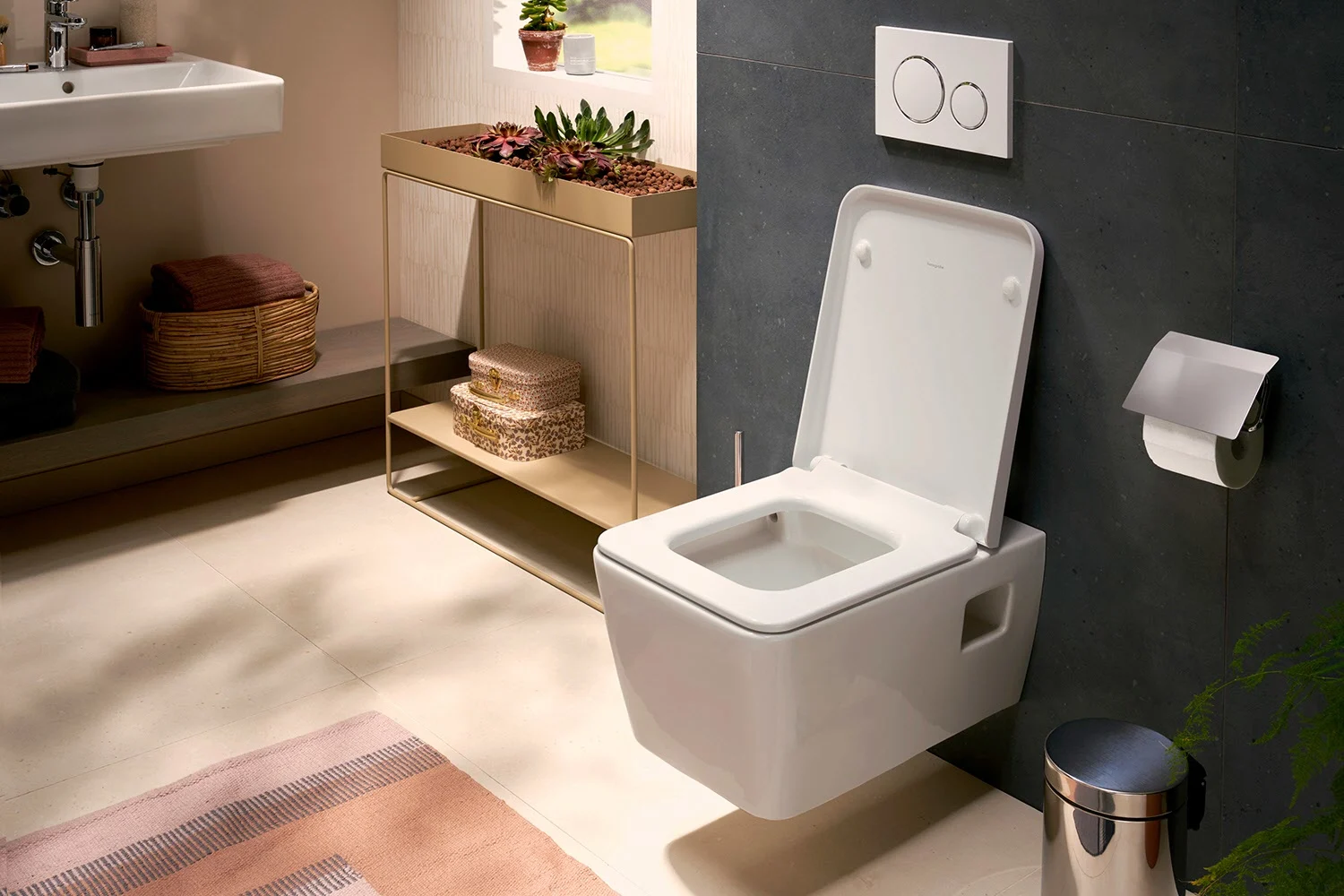 Zbliżenie toalety w łazience, hansgrohe