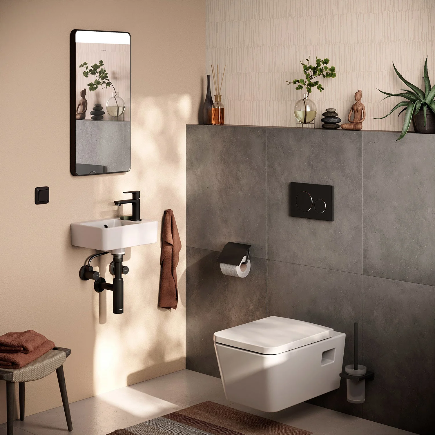 Mała łazienka z umywalką i toaletą, hansgrohe