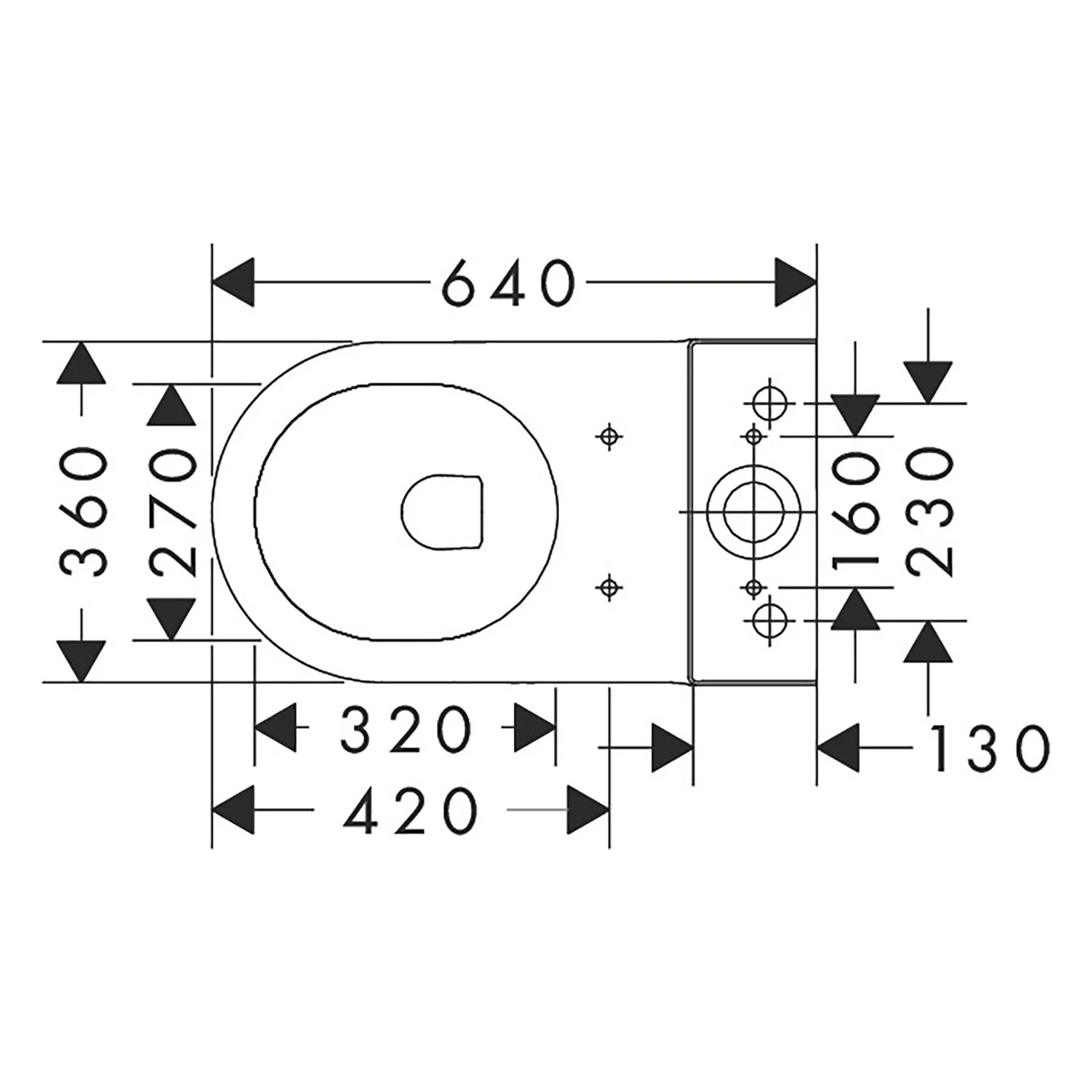Rysunek techniczny toalety stojącej z wymiarami, hansgrohe