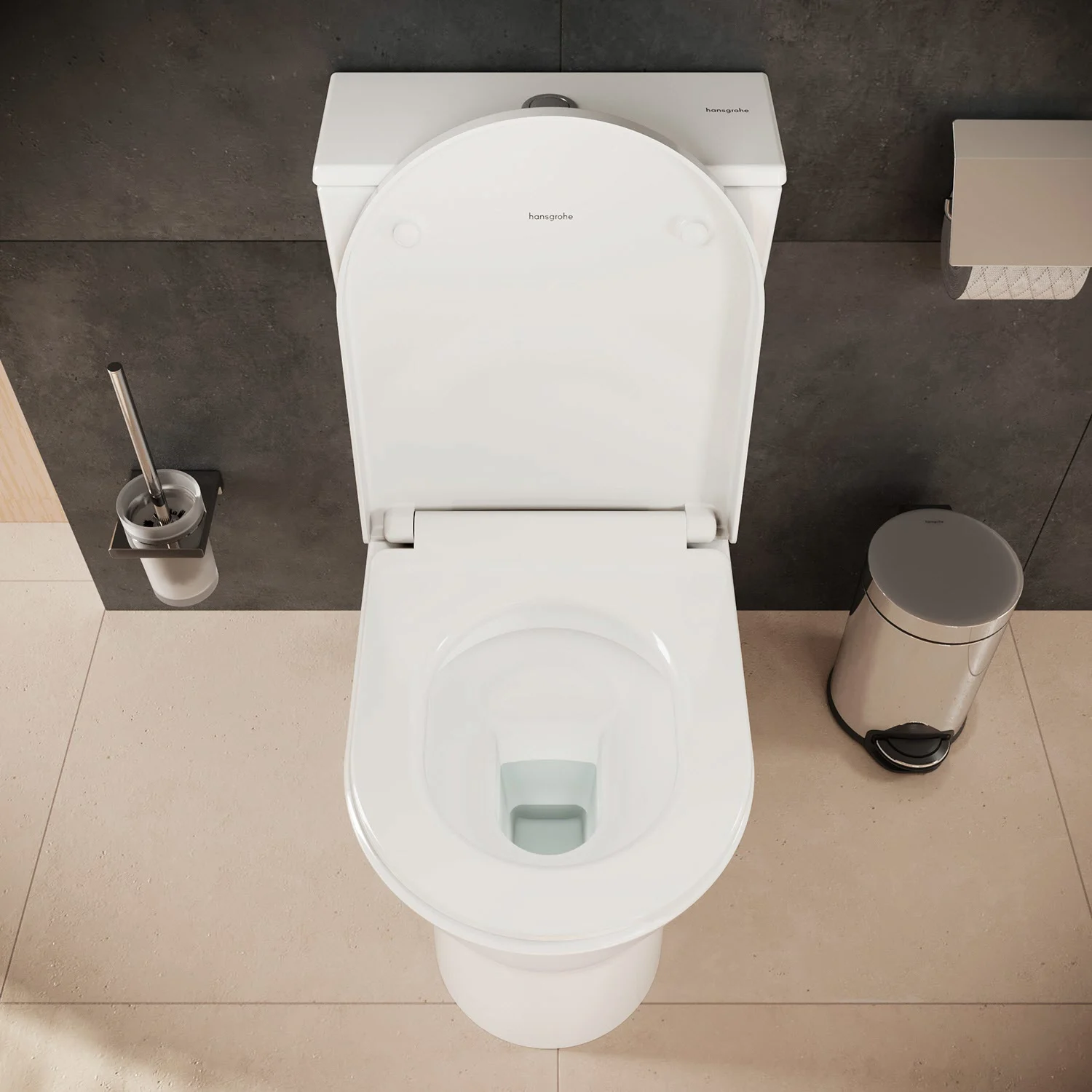 Toaleta wisząca widziana z góry w łazience, hansgrohe