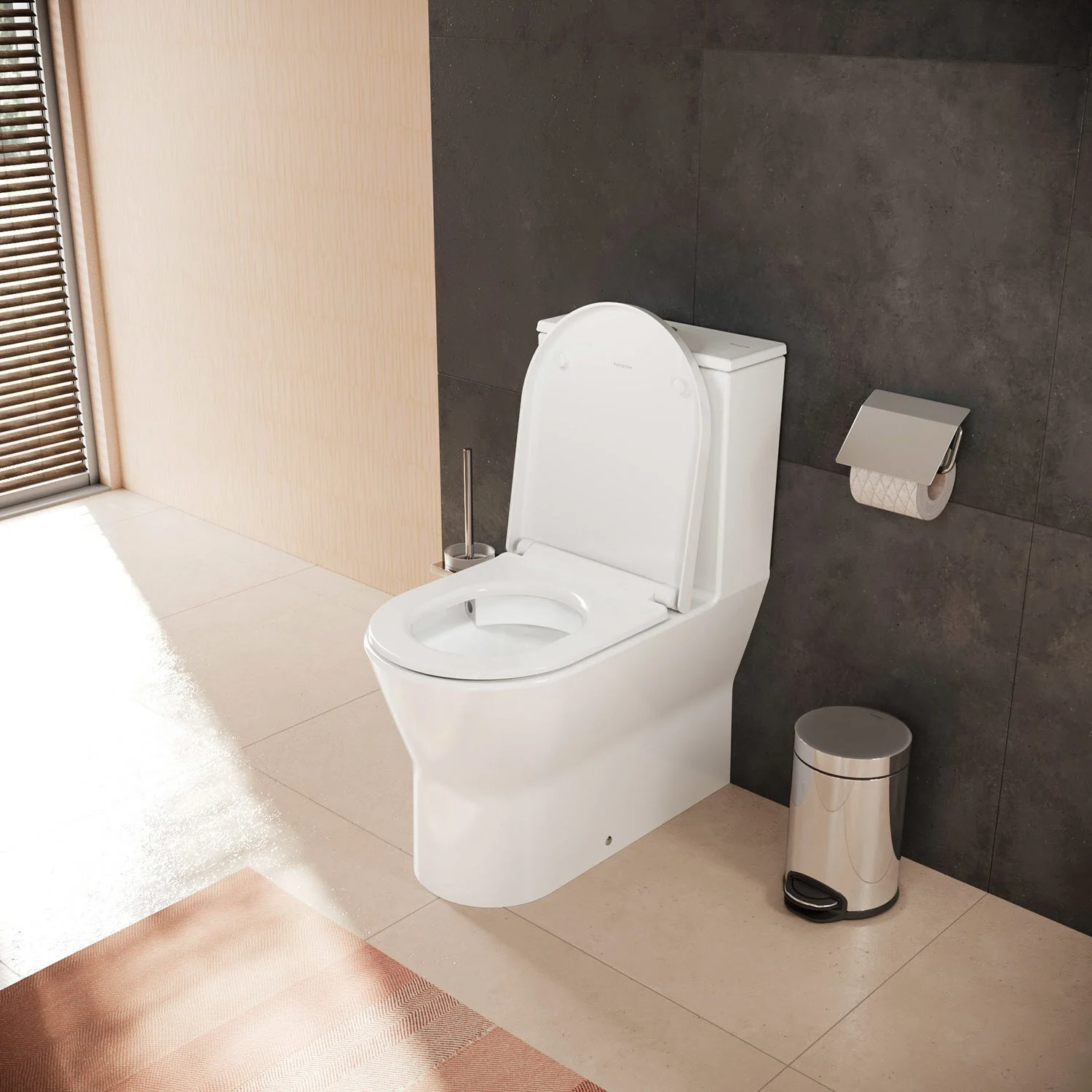 Biała toaleta stojąca w nowoczesnej łazience, hansgrohe