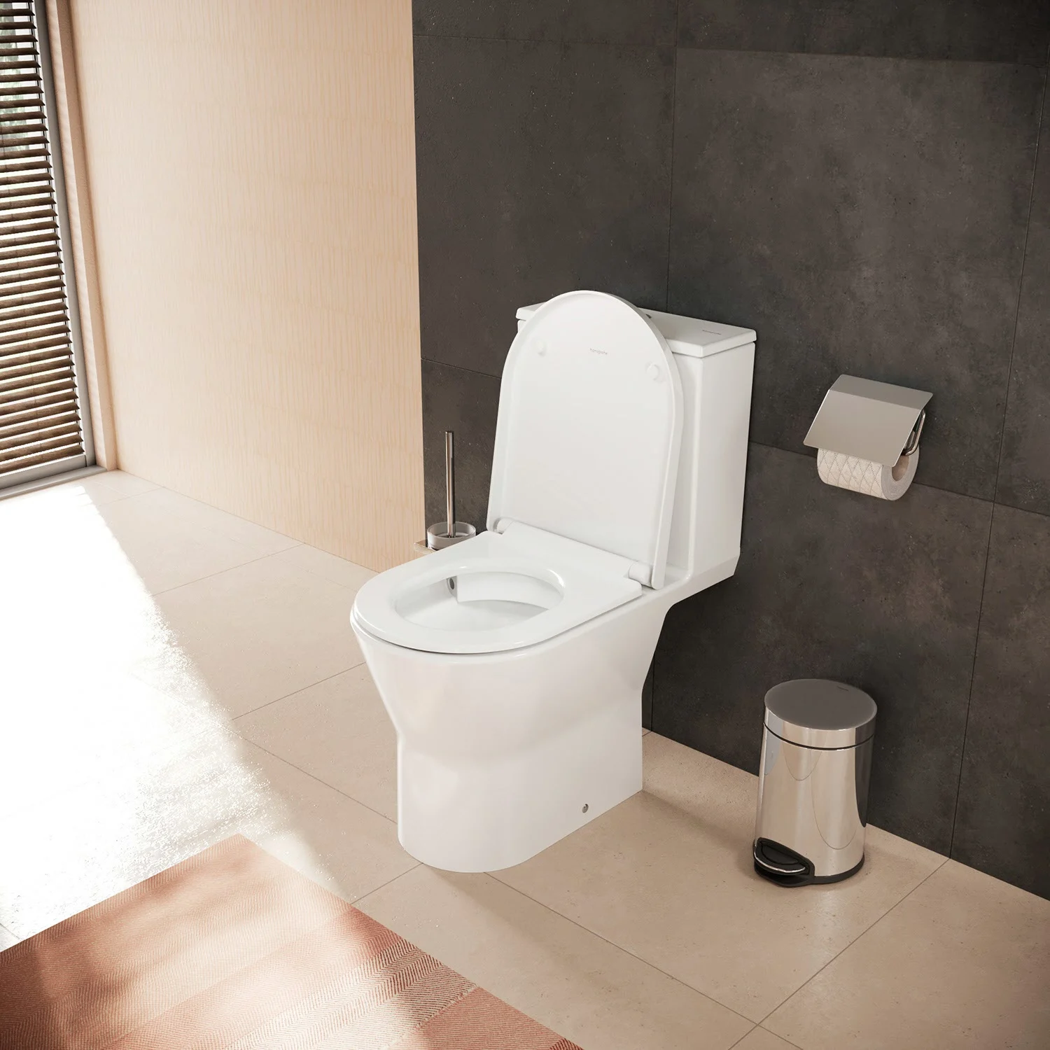 Toaleta stojąca w nowoczesnej łazience z akcesoriami, hansgrohe