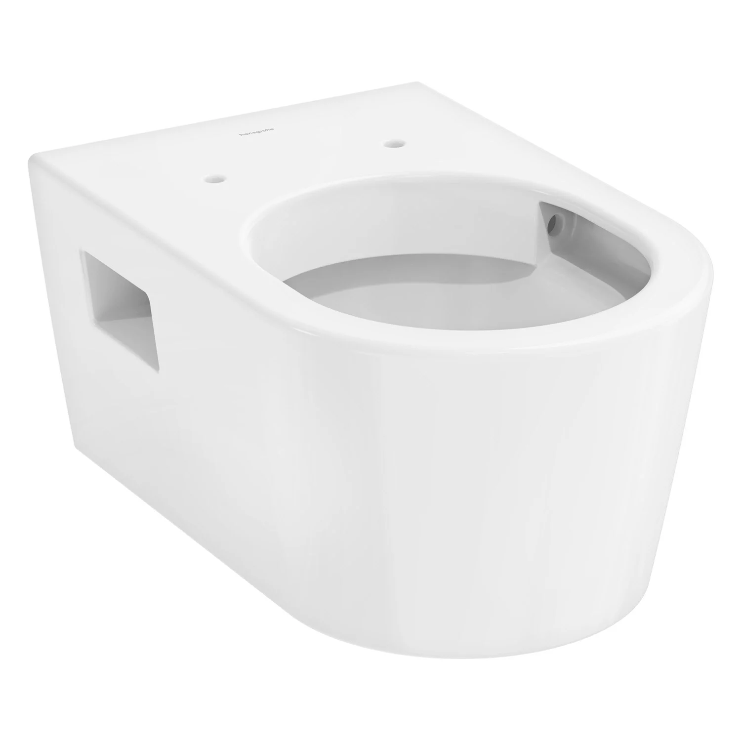 Biała toaleta ścienna z widoku bocznego, hansgrohe
