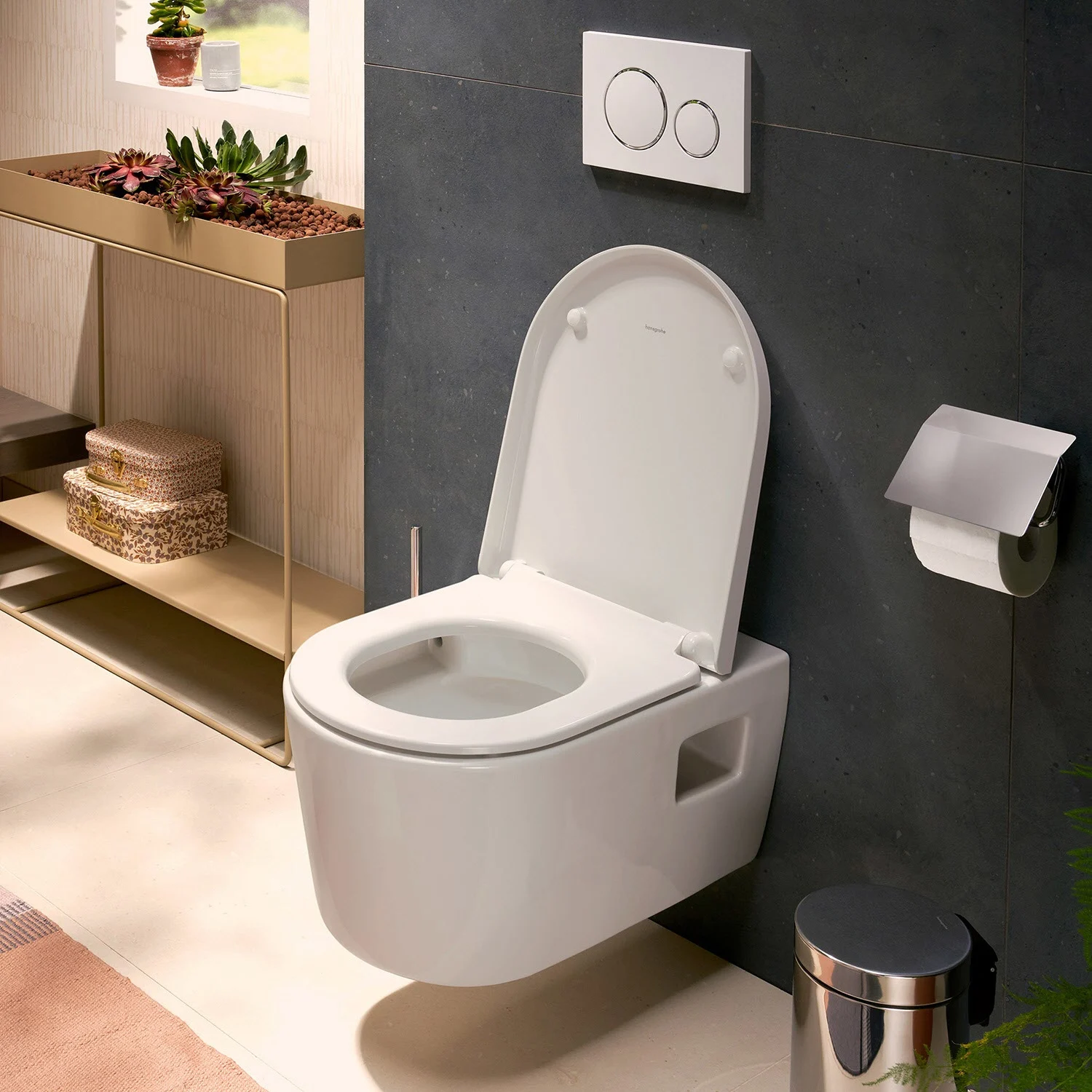 Toaleta ścienna w nowoczesnej łazience z akcesoriami, hansgrohe