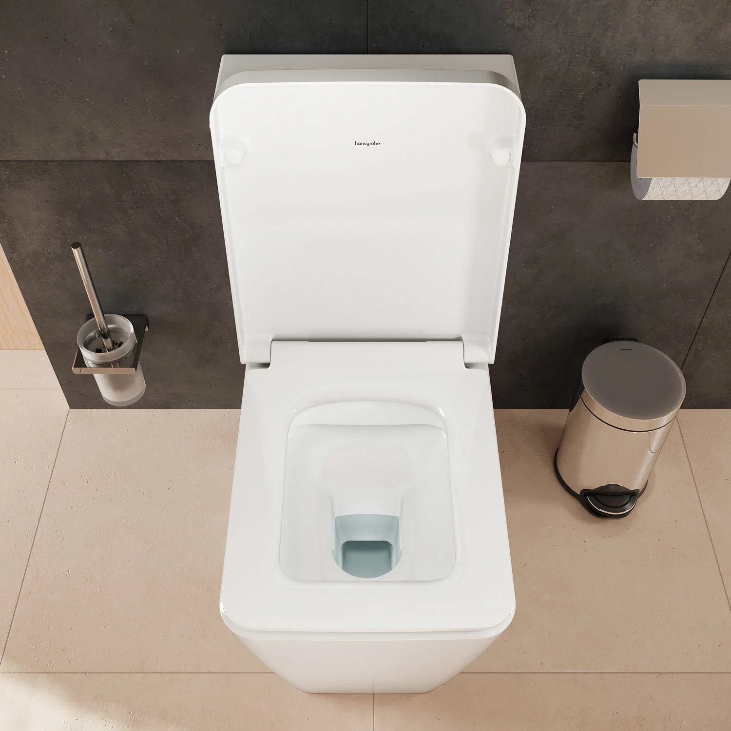 Biała toaleta stojąca z widokiem z góry, hansgrohe