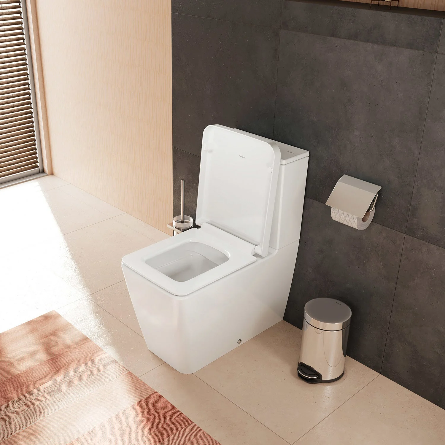 Kwadratowa toaleta stojąca w łazience, hansgrohe
