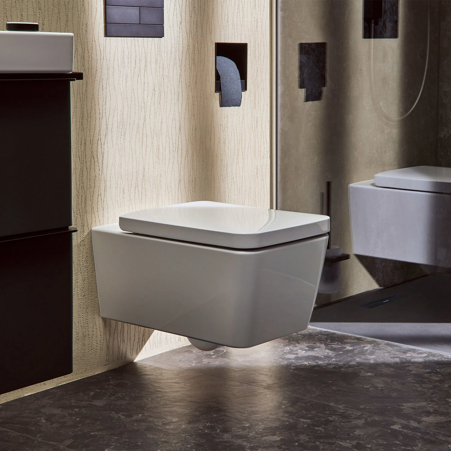 Kwadratowa toaleta podwieszana w nowoczesnej łazience, hansgrohe