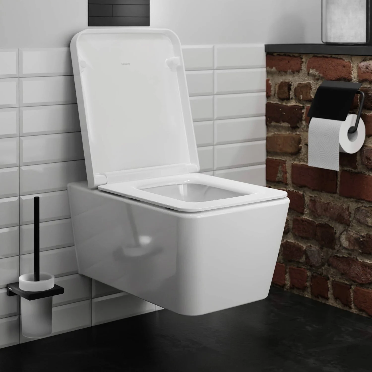Kwadratowa toaleta podwieszana w nowoczesnej łazience, hansgrohe