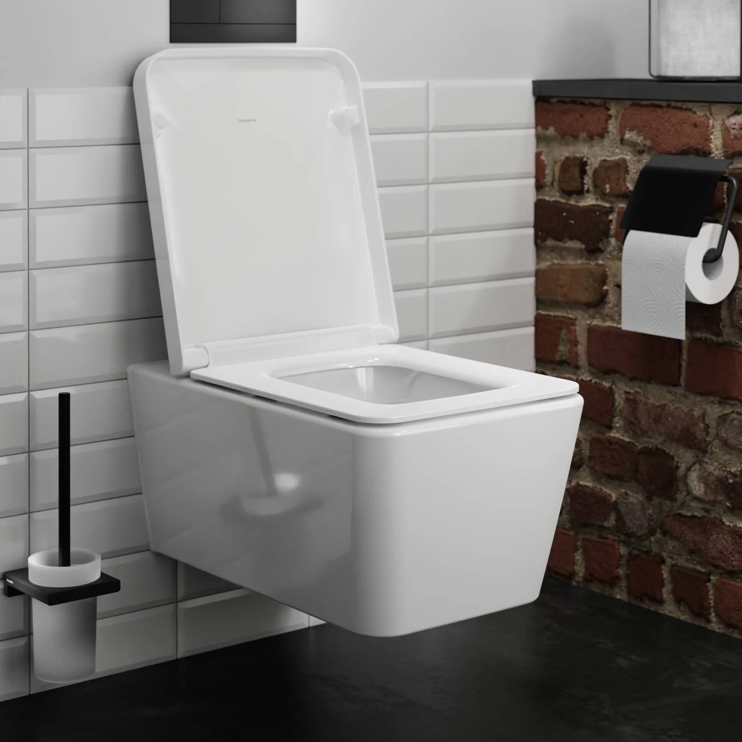 Kwadratowa toaleta wisząca w nowoczesnej łazience, hansgrohe