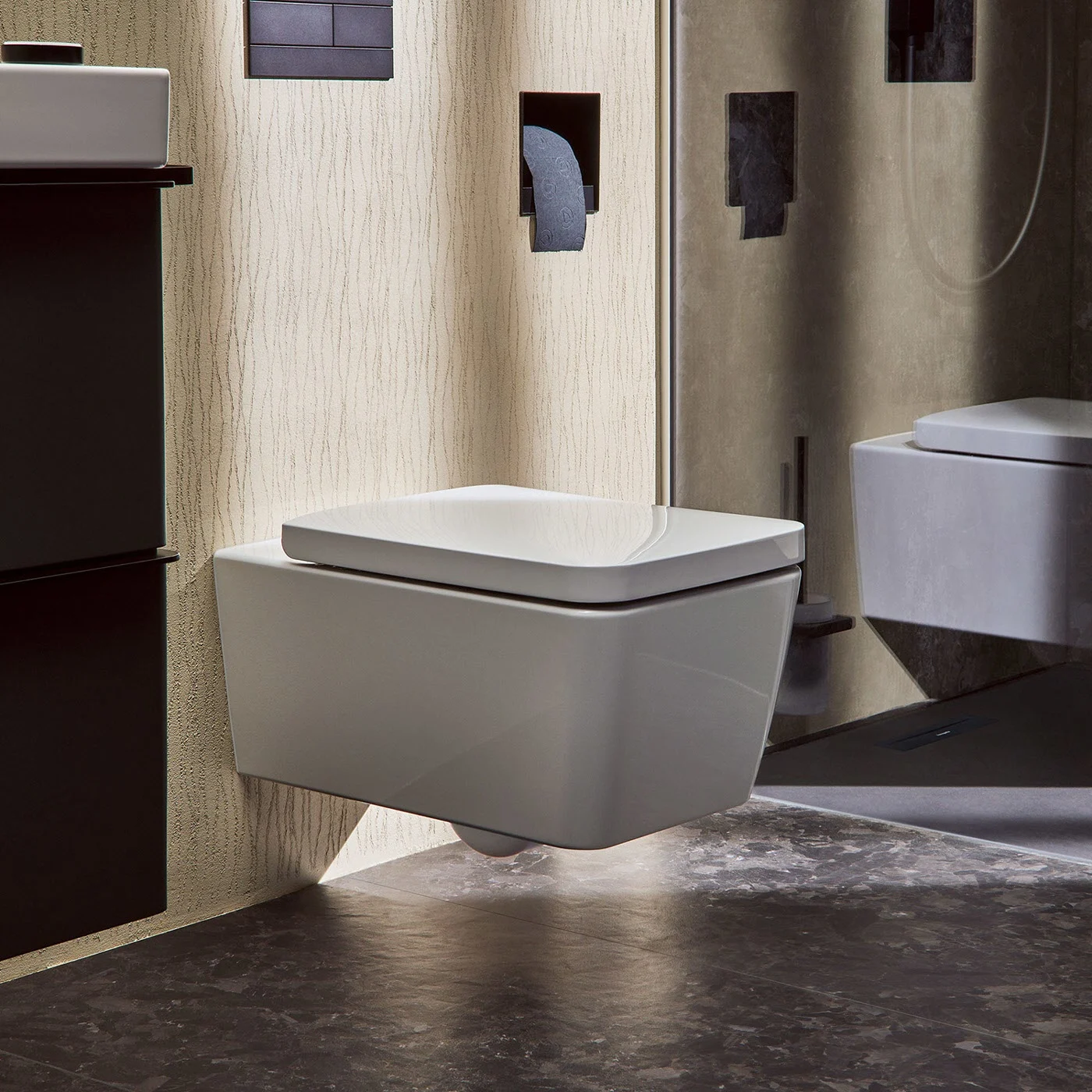 Kwadratowa toaleta podwieszana w nowoczesnej łazience, hansgrohe