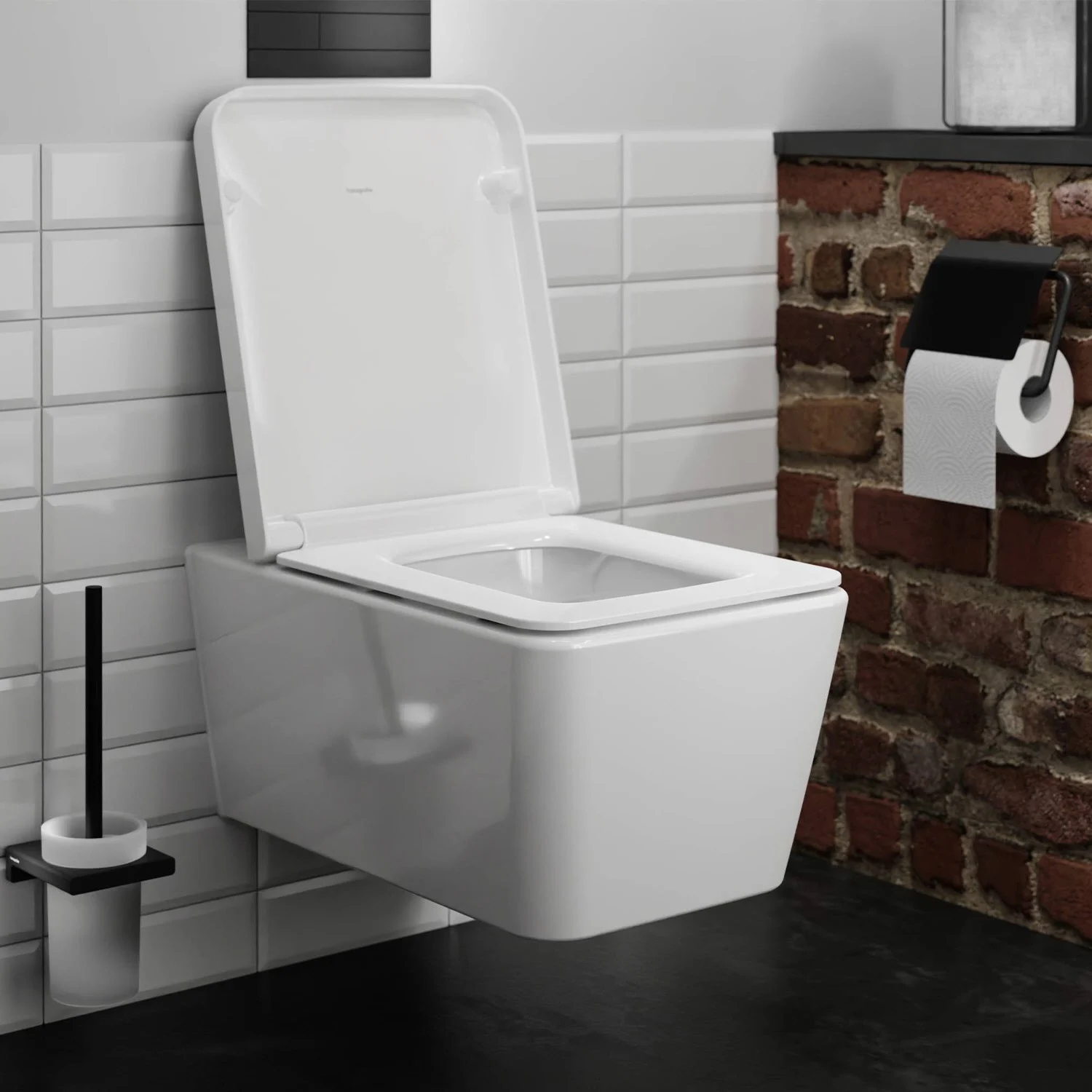 Toaleta wisząca z otwartą pokrywą w łazience, hansgrohe