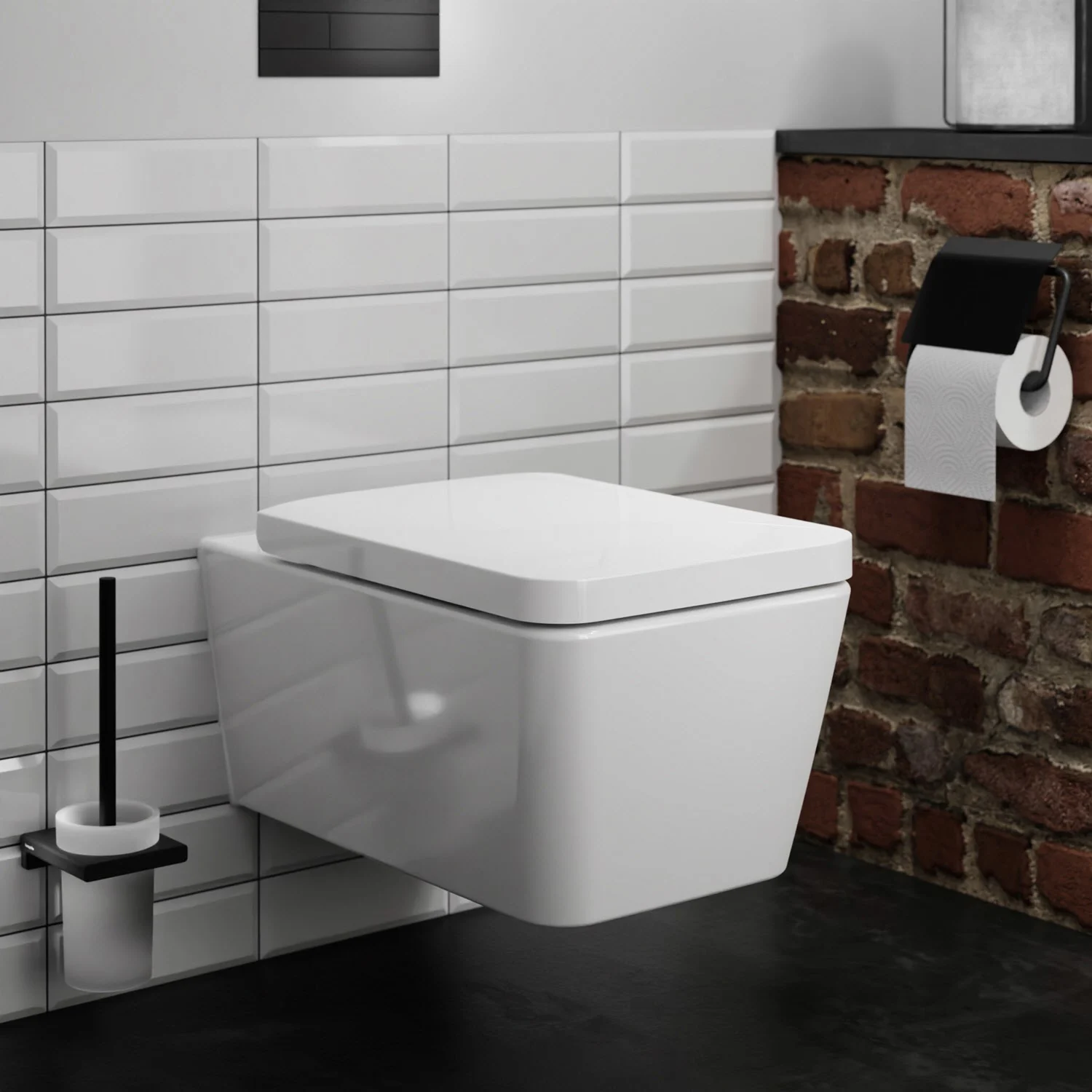 Kwadratowa toaleta wisząca w nowoczesnej łazience, hansgrohe
