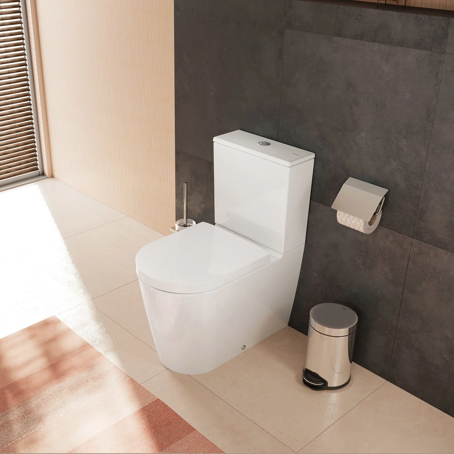Biała toaleta stojąca w nowoczesnej łazience, hansgrohe