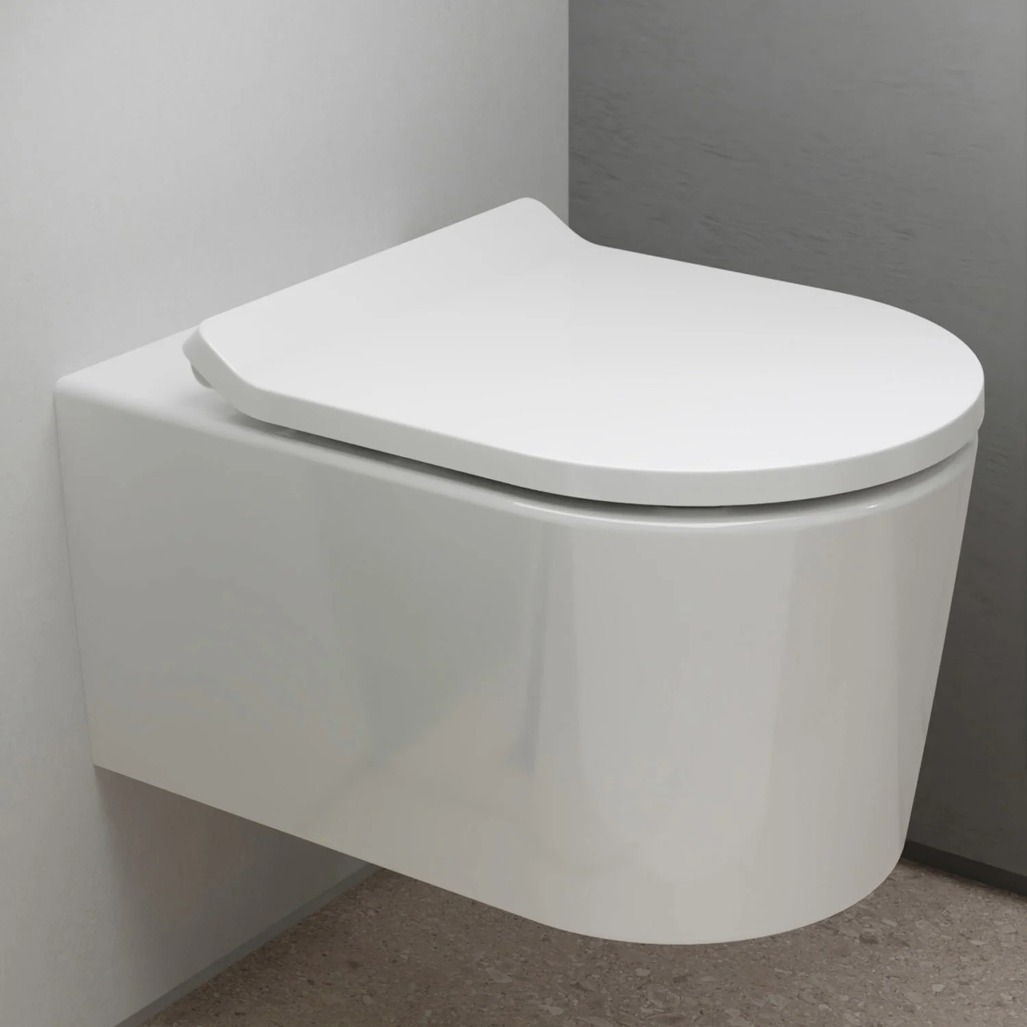 Toaleta podwieszana z zamkniętą pokrywą w łazience, hansgrohe