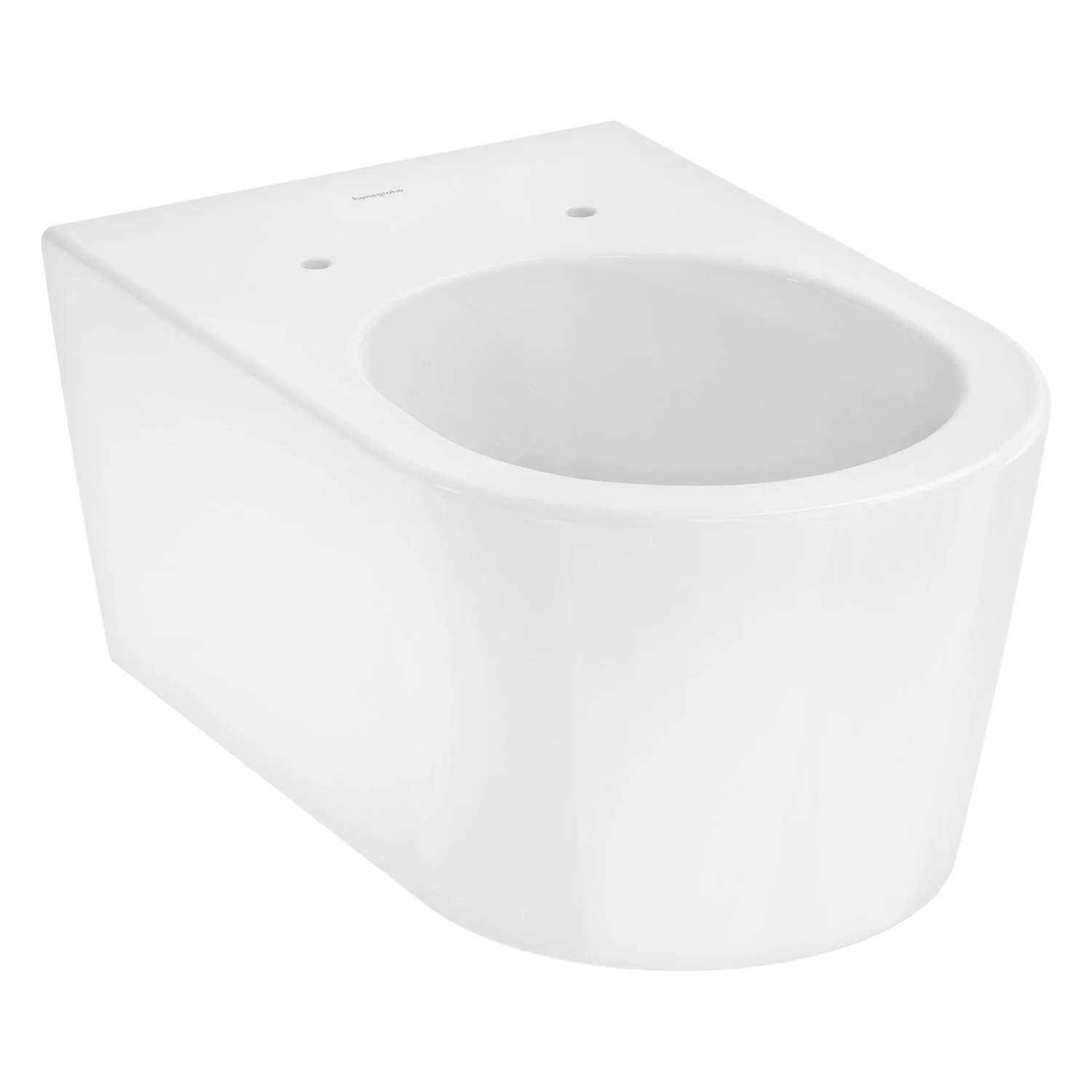 Wycięta biała toaleta ścienna widok z boku, hansgrohe