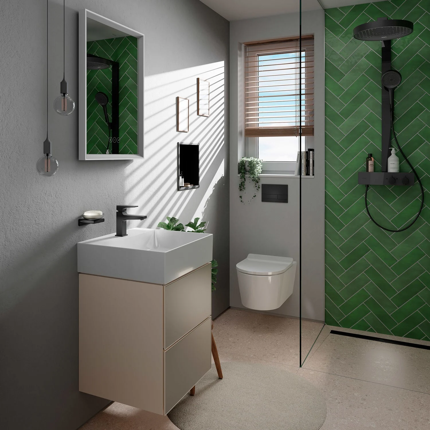 Nowoczesna łazienka z zieloną kafelkową kabiną prysznicową, hansgrohe