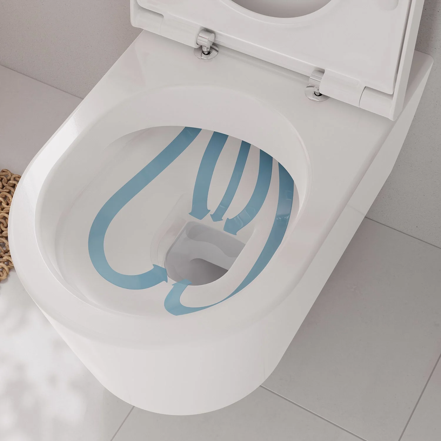 Biała toaleta z niebieskimi liniami przepływu wody, hansgrohe