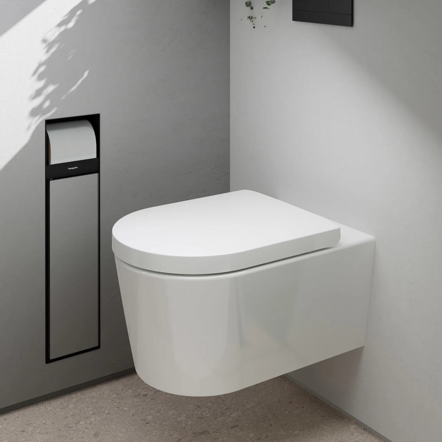 Toaleta wisząca w minimalistycznej łazience, hansgrohe