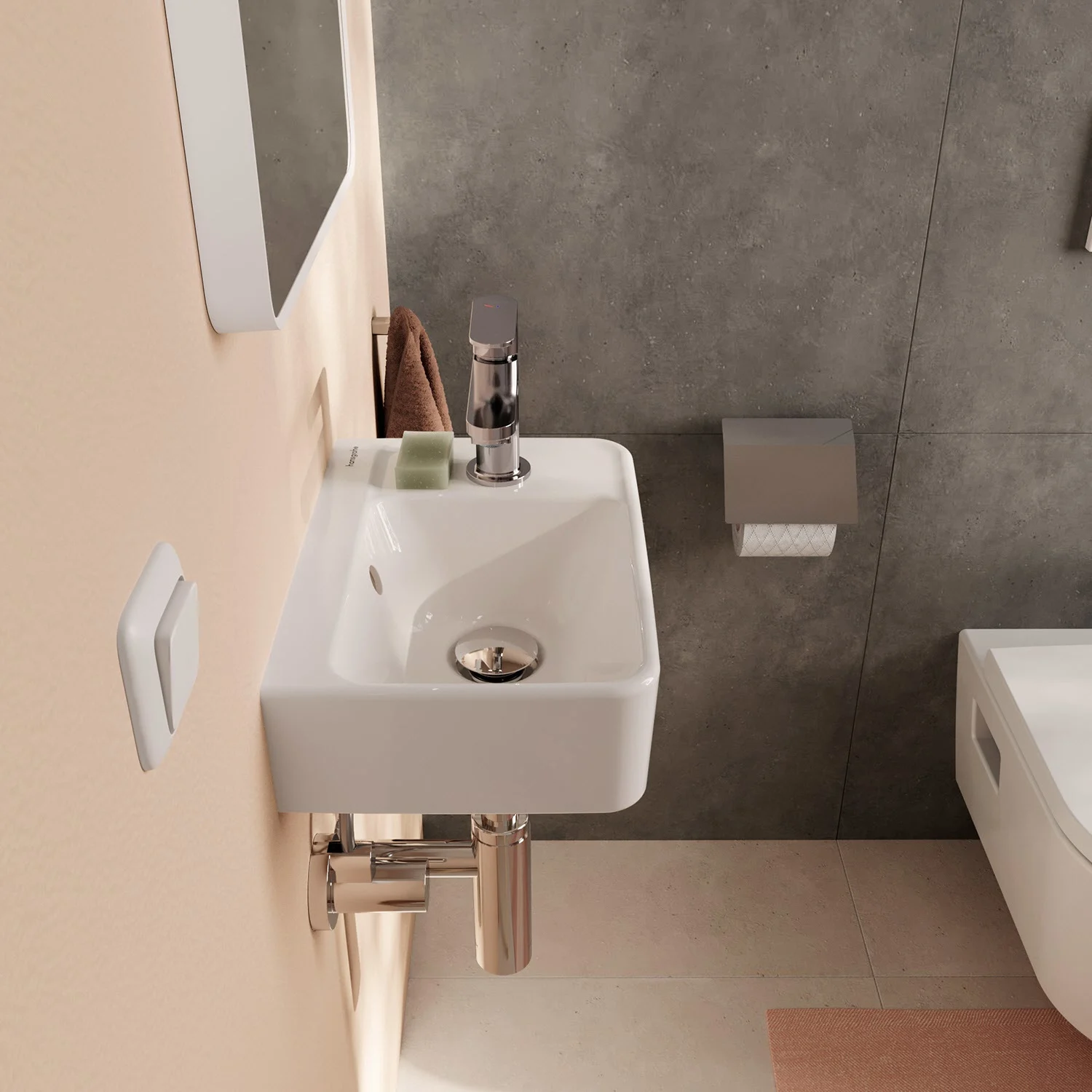 Łazienka z małą umywalką, hansgrohe