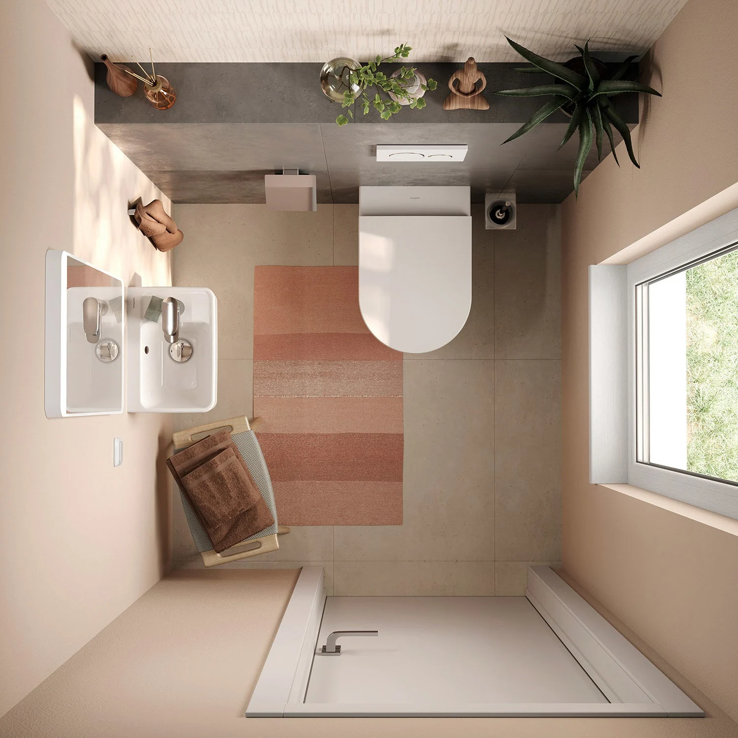 Zbliżenie nowoczesnej umywalki z góry, hansgrohe