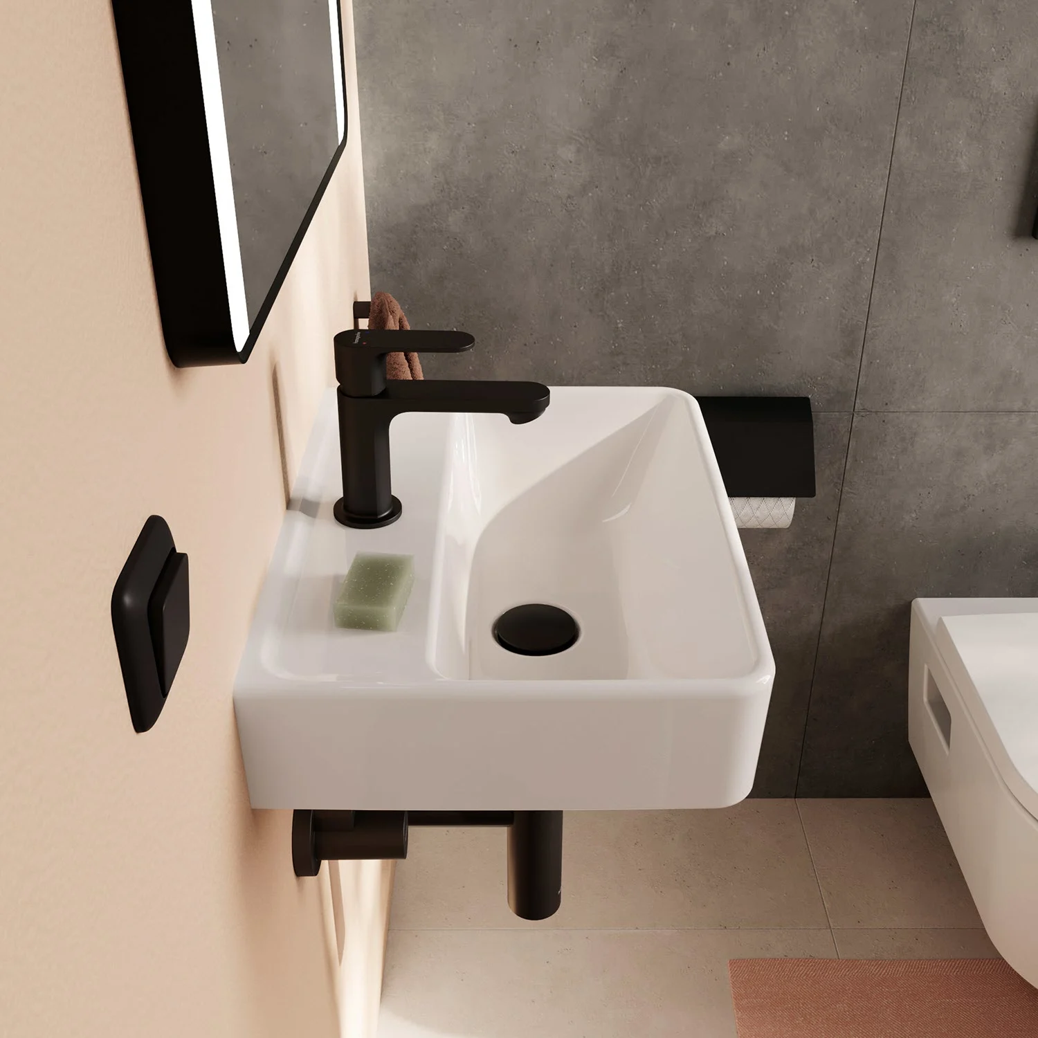 Umywalka w łazience z czarną baterią, hansgrohe