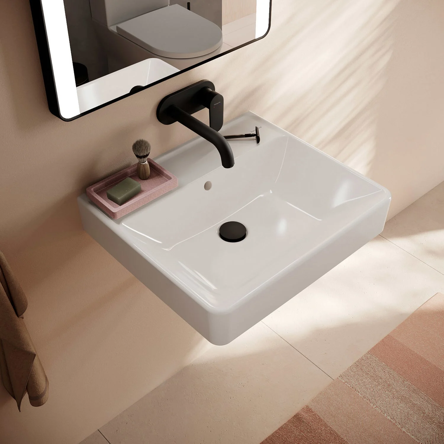 Biała umywalka z czarną baterią, hansgrohe