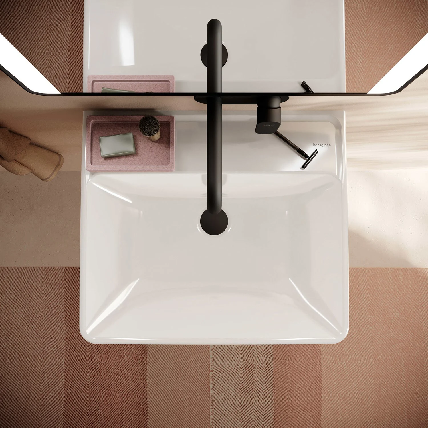 Umywalka z czarną baterią widziana z góry, hansgrohe