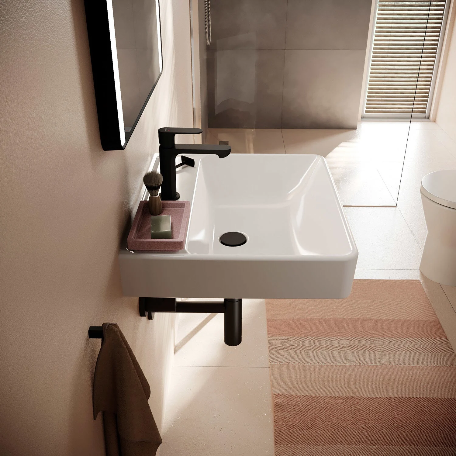 Umywalka w łazience z czarną baterią, hansgrohe
