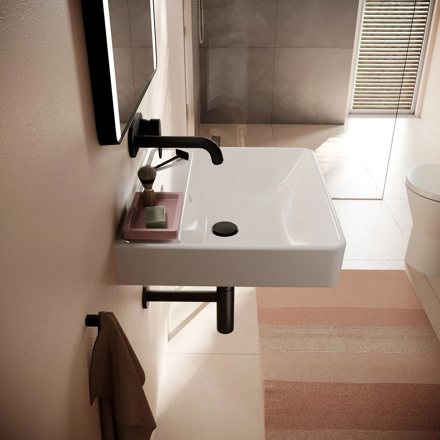 Umywalka w łazience z baterią ścienną, hansgrohe