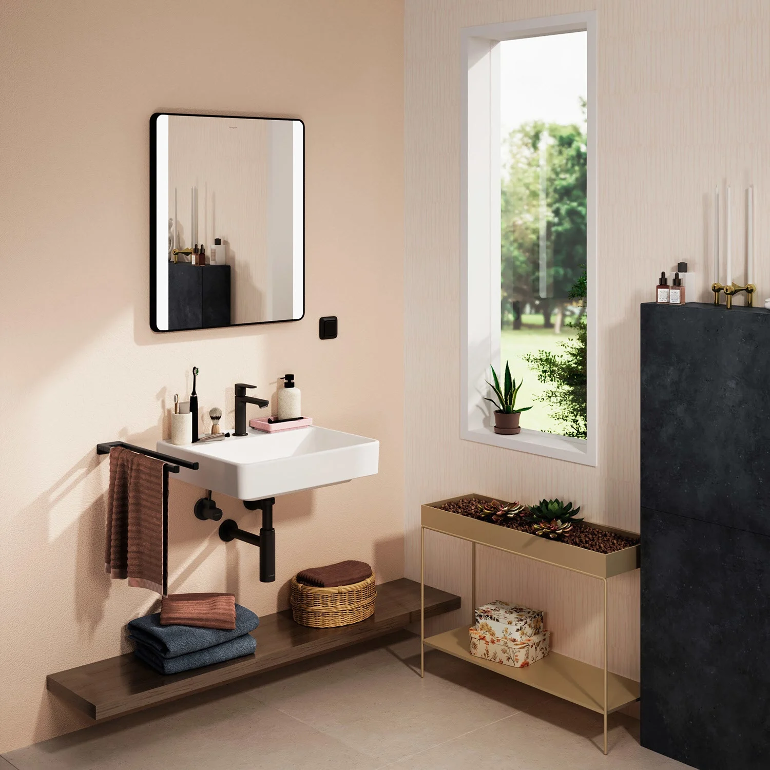Łazienka z umywalką i lustrem, hansgrohe