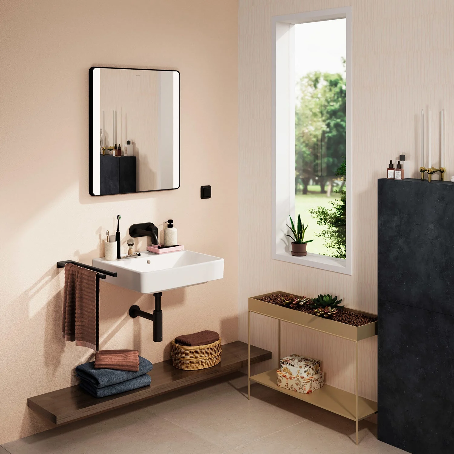 Łazienka z umywalką i lustrem, hansgrohe