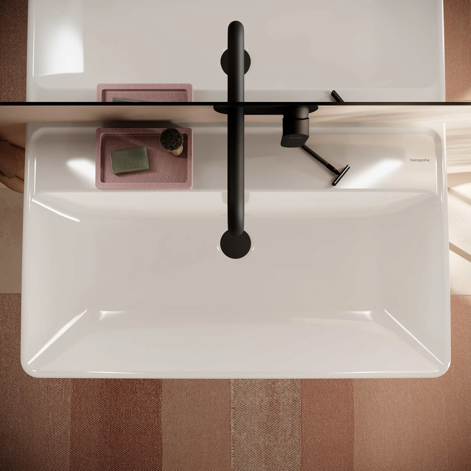 Duża umywalka z czarną baterią z góry, hansgrohe