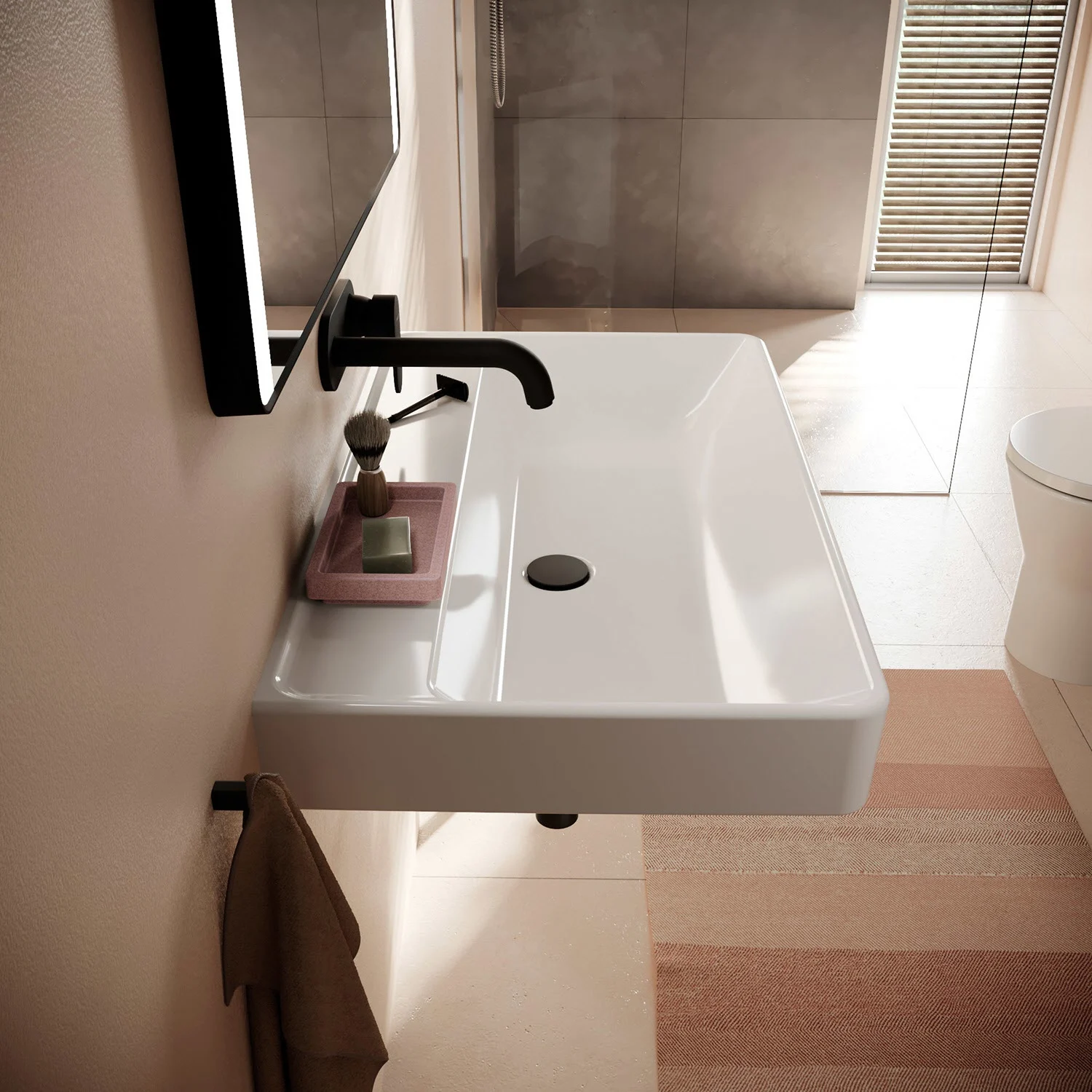 Umywalka w łazience z czarną baterią, hansgrohe