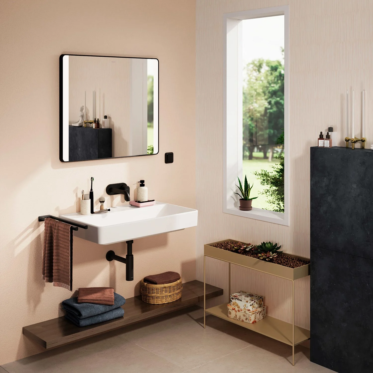 Duża umywalka z lustrem w łazience, hansgrohe