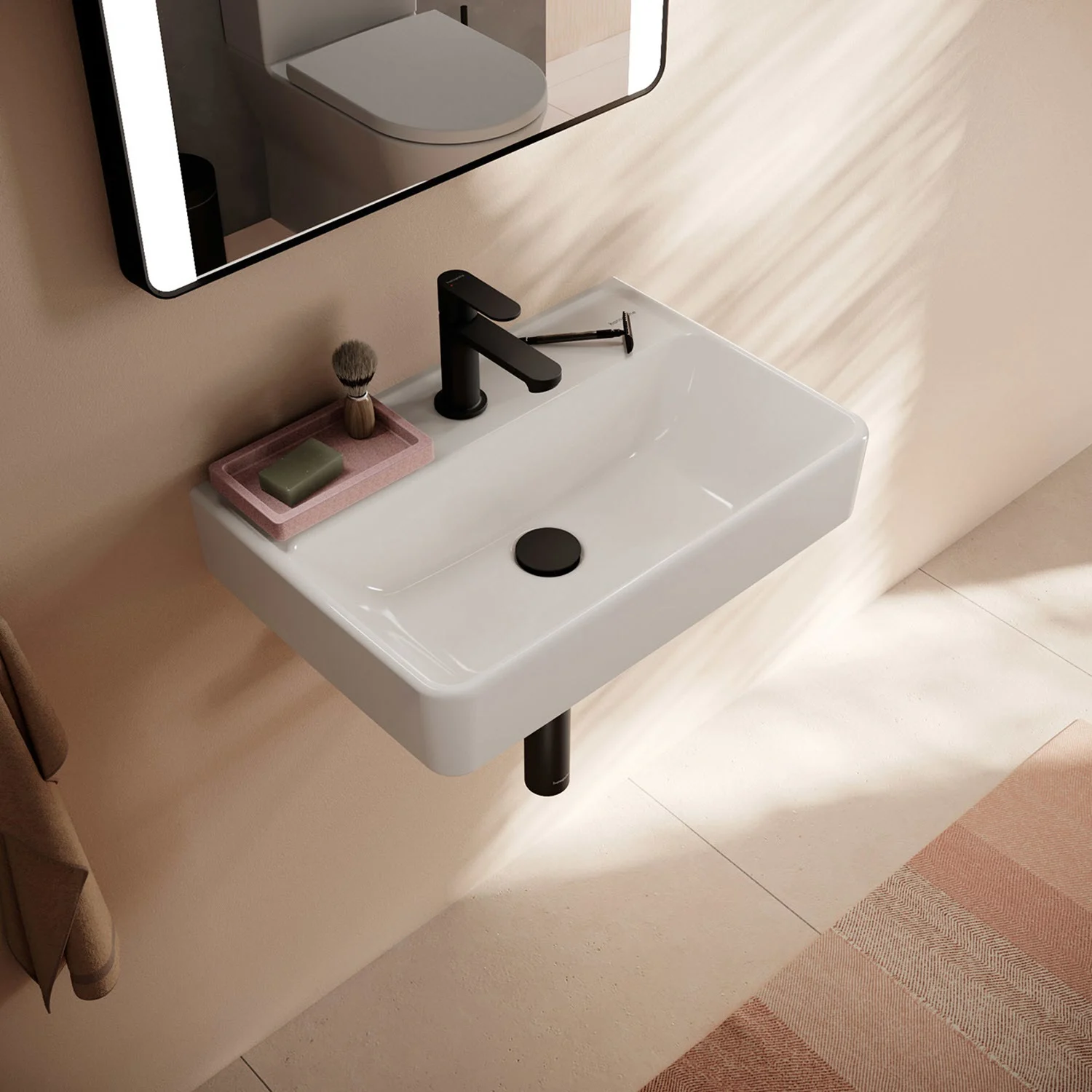 Umywalka z czarną baterią zbliżenie, hansgrohe