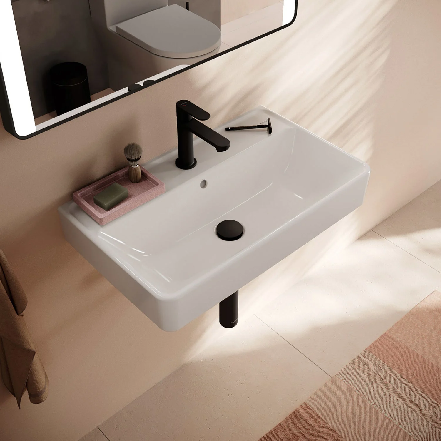 Umywalka z czarną baterią zbliżenie, hansgrohe