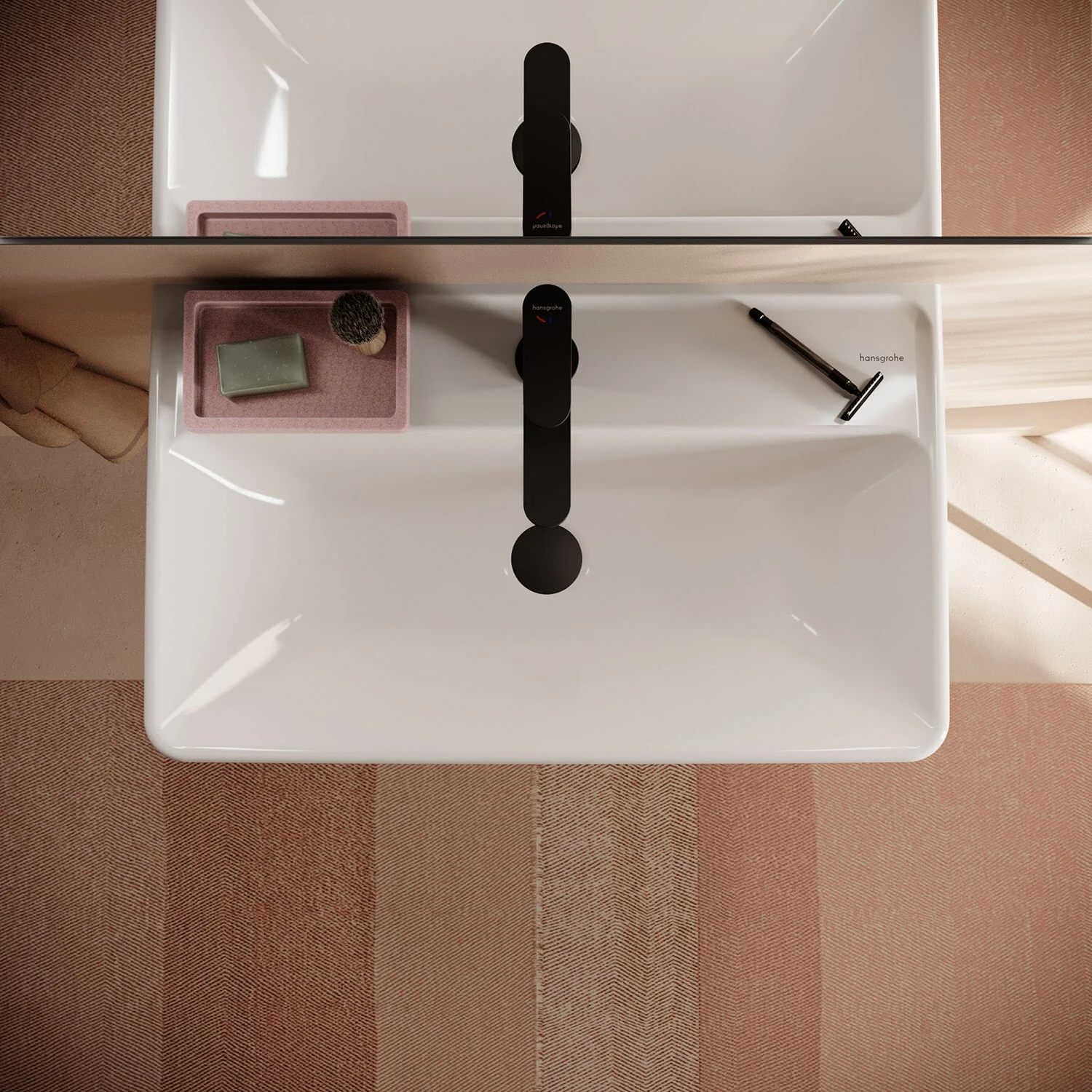 Umywalka z czarną baterią z góry, hansgrohe