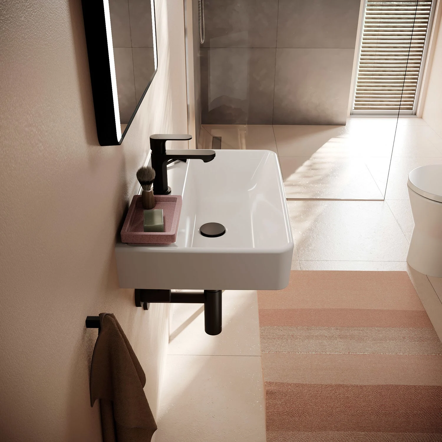 Umywalka w łazience z czarną baterią, hansgrohe