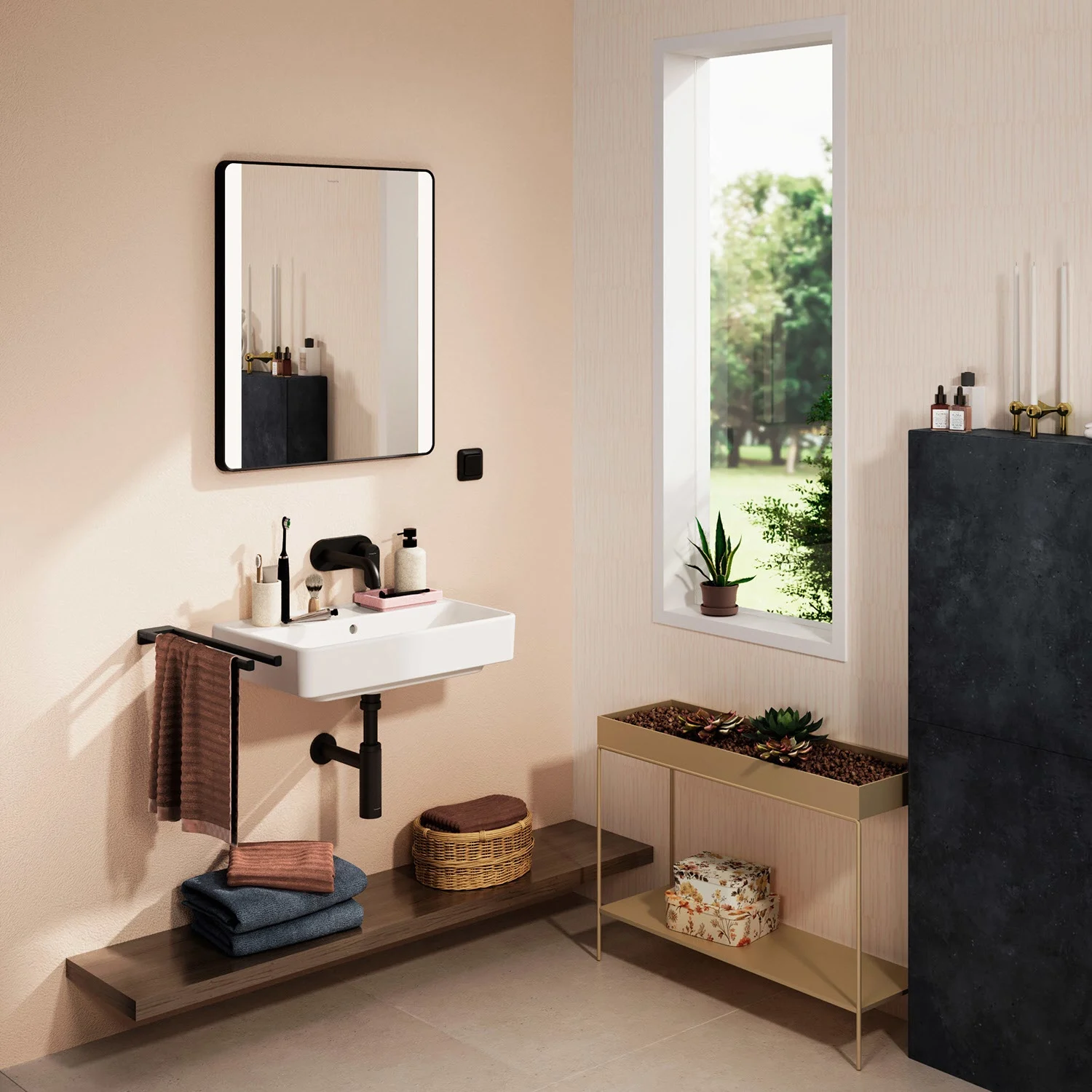Umywalka w nowoczesnej łazience z lustrem, hansgrohe