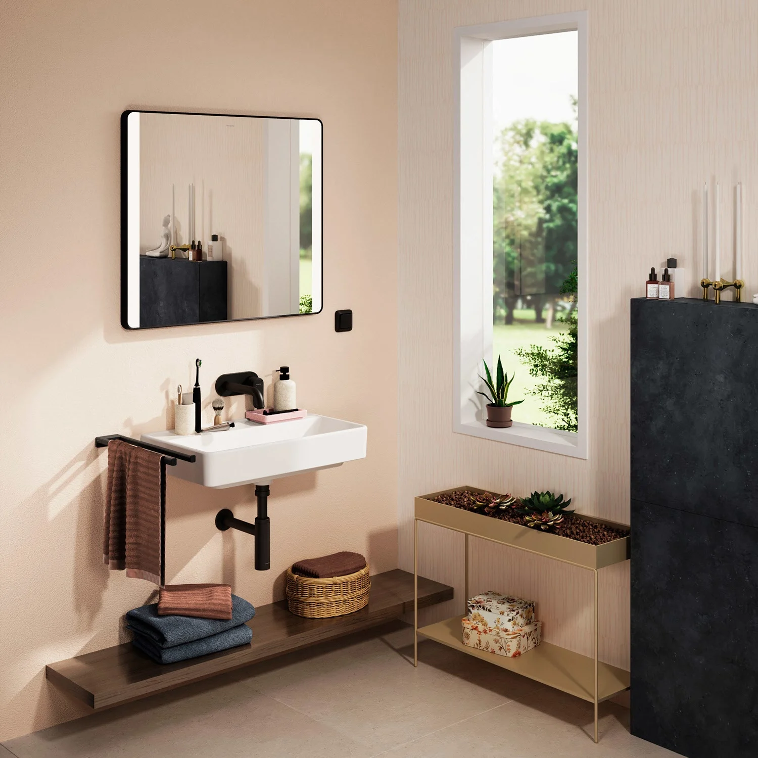 Łazienka z umywalką i lustrem, hansgrohe