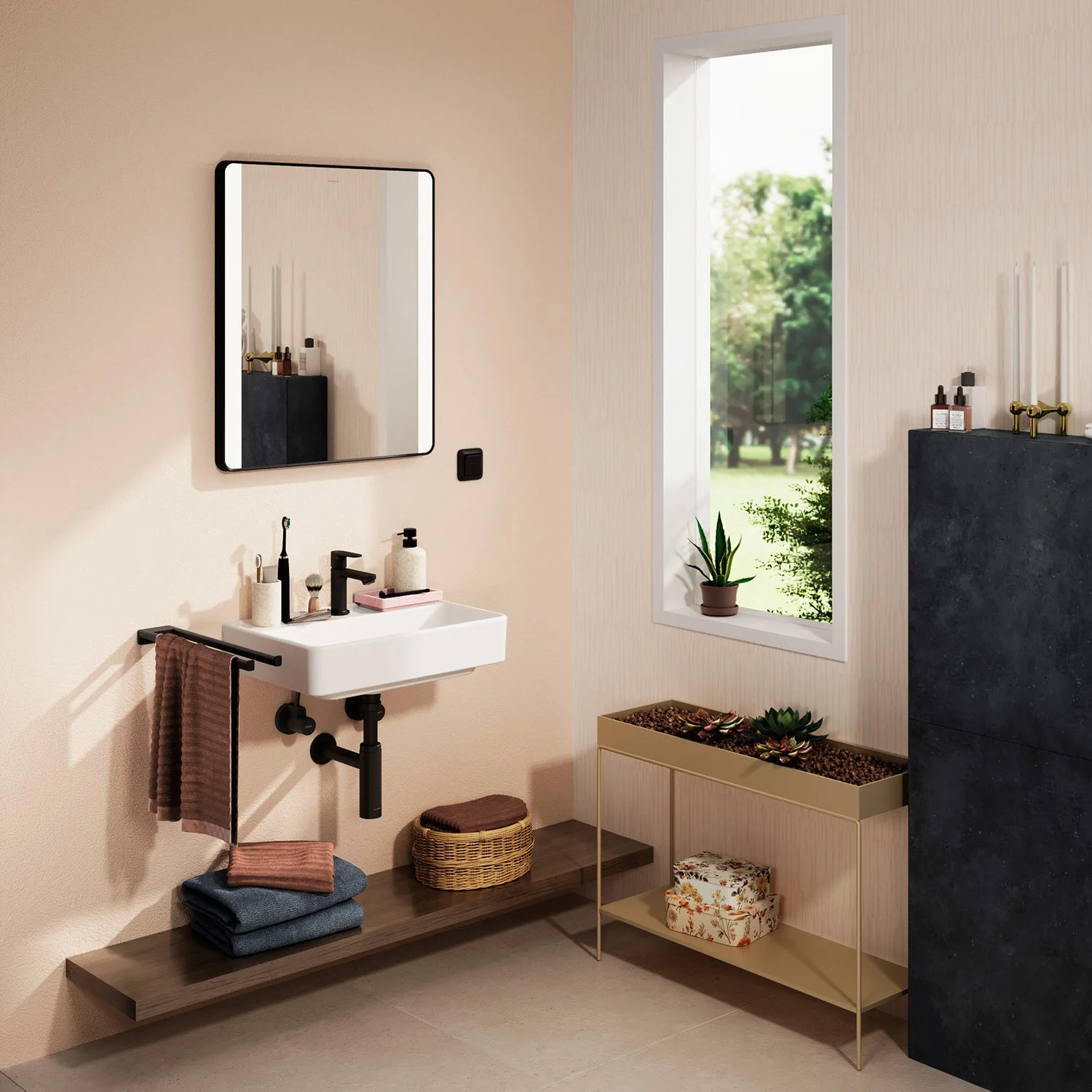 Łazienka z umywalką i lustrem, hansgrohe