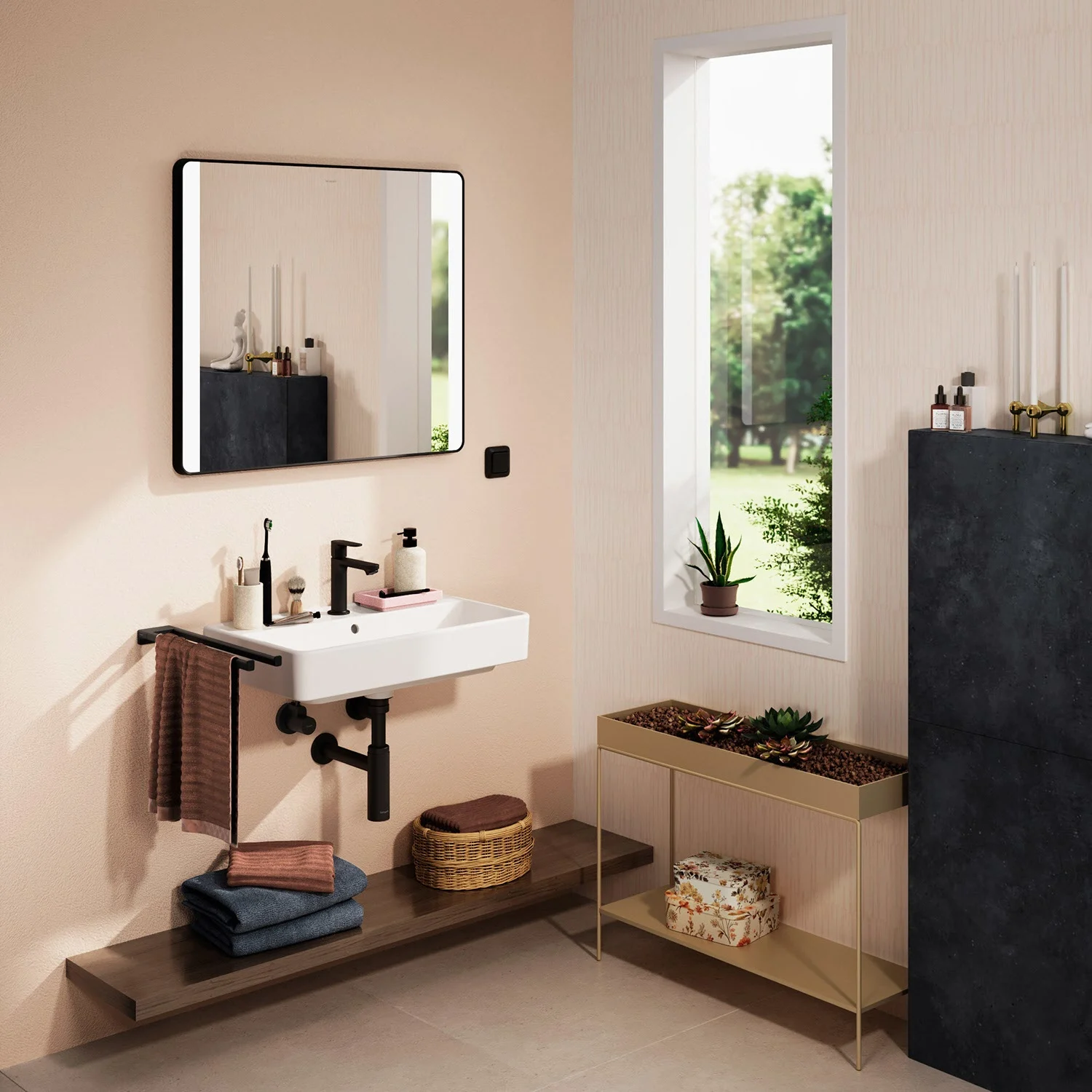 Łazienka z umywalką i lustrem, hansgrohe