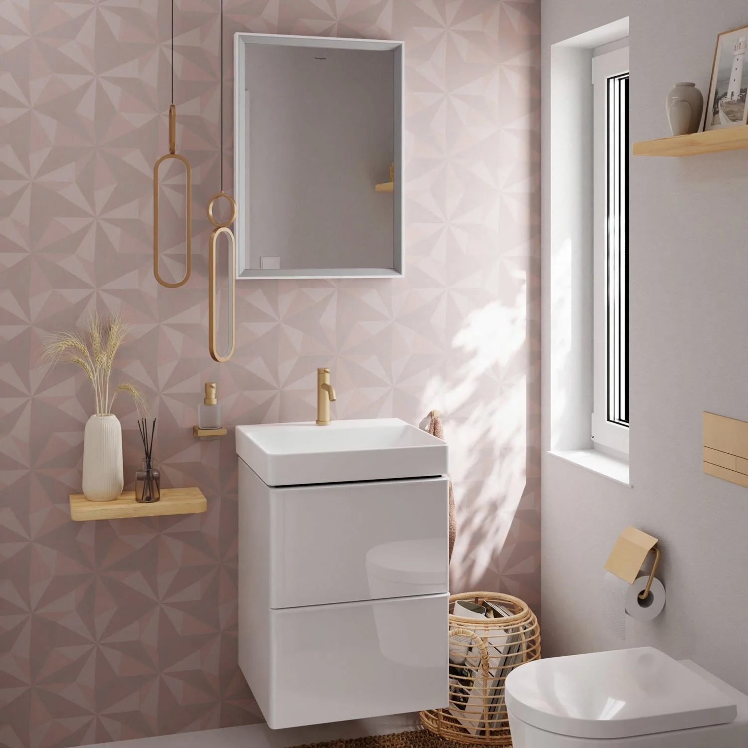 Mała umywalka z szafką w łazience, hansgrohe