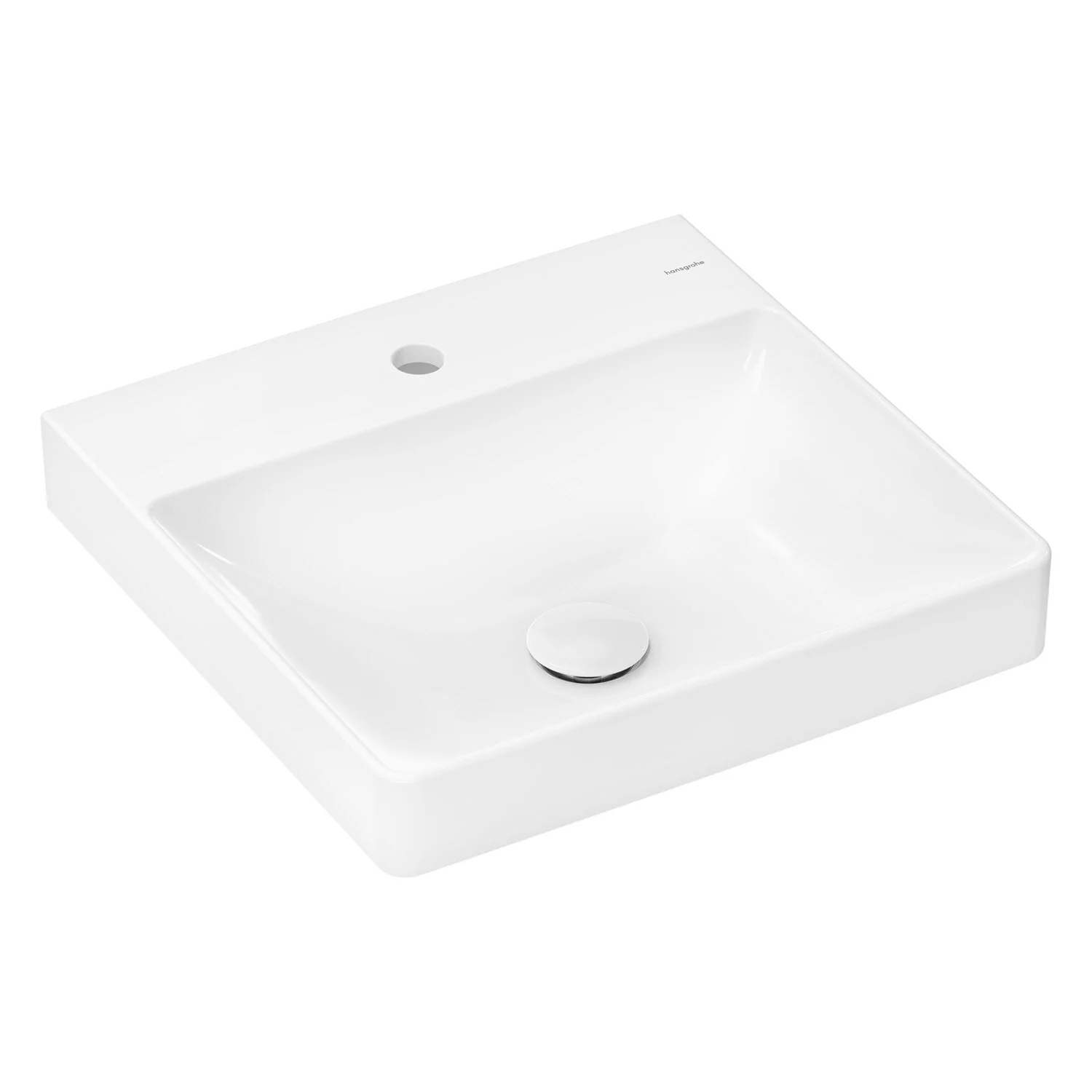 Biała umywalka nablatowa z widokiem z boku, hansgrohe
