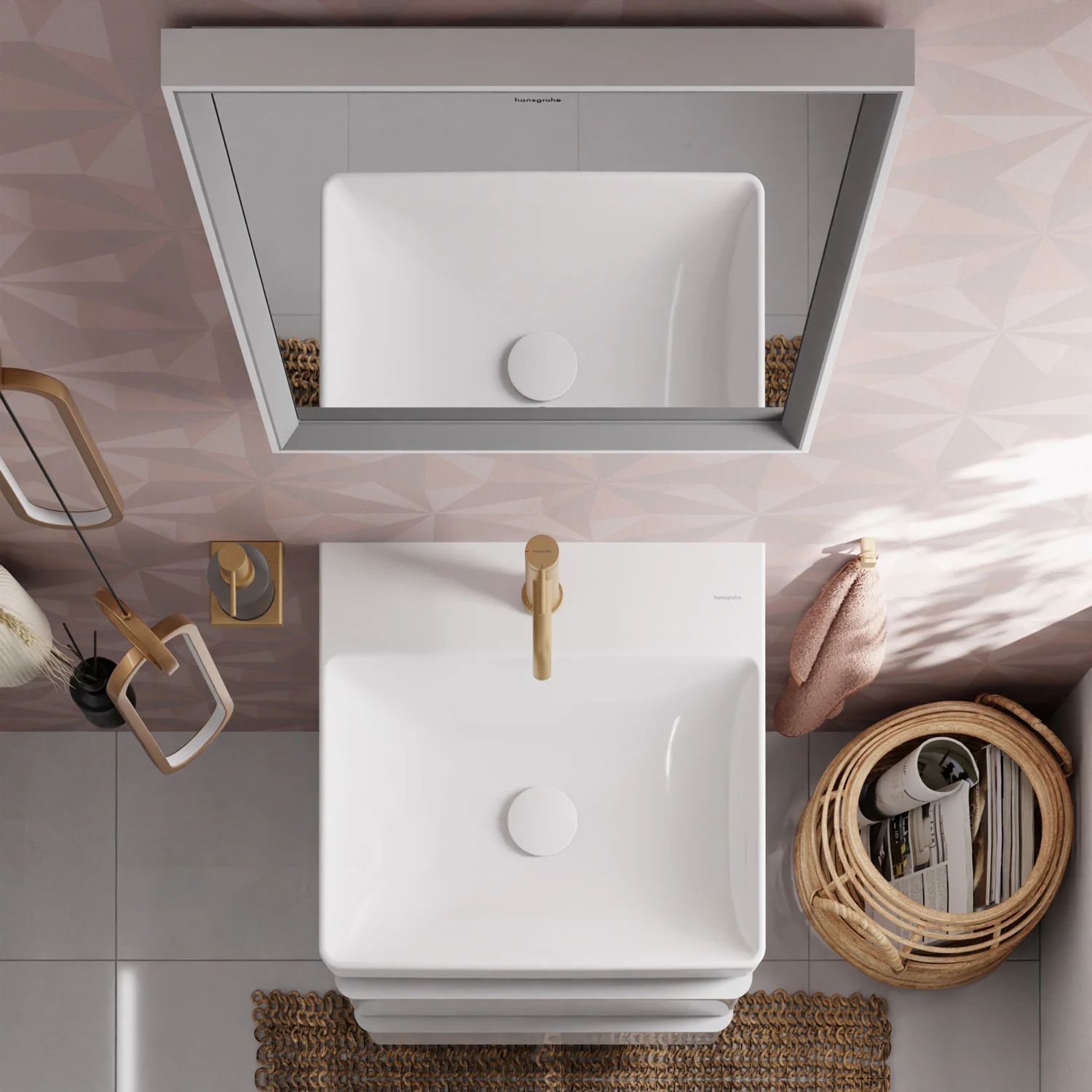 Widok z góry na umywalkę w łazience, hansgrohe