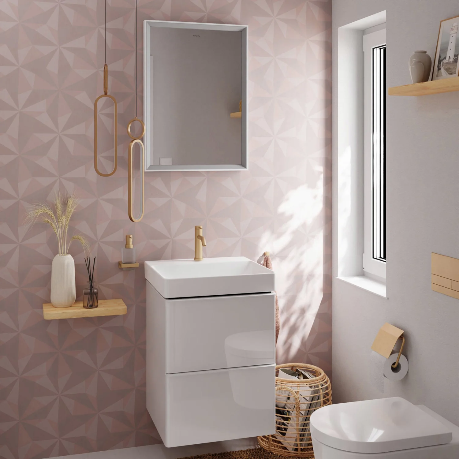 Mała umywalka w stylowej łazience, hansgrohe
