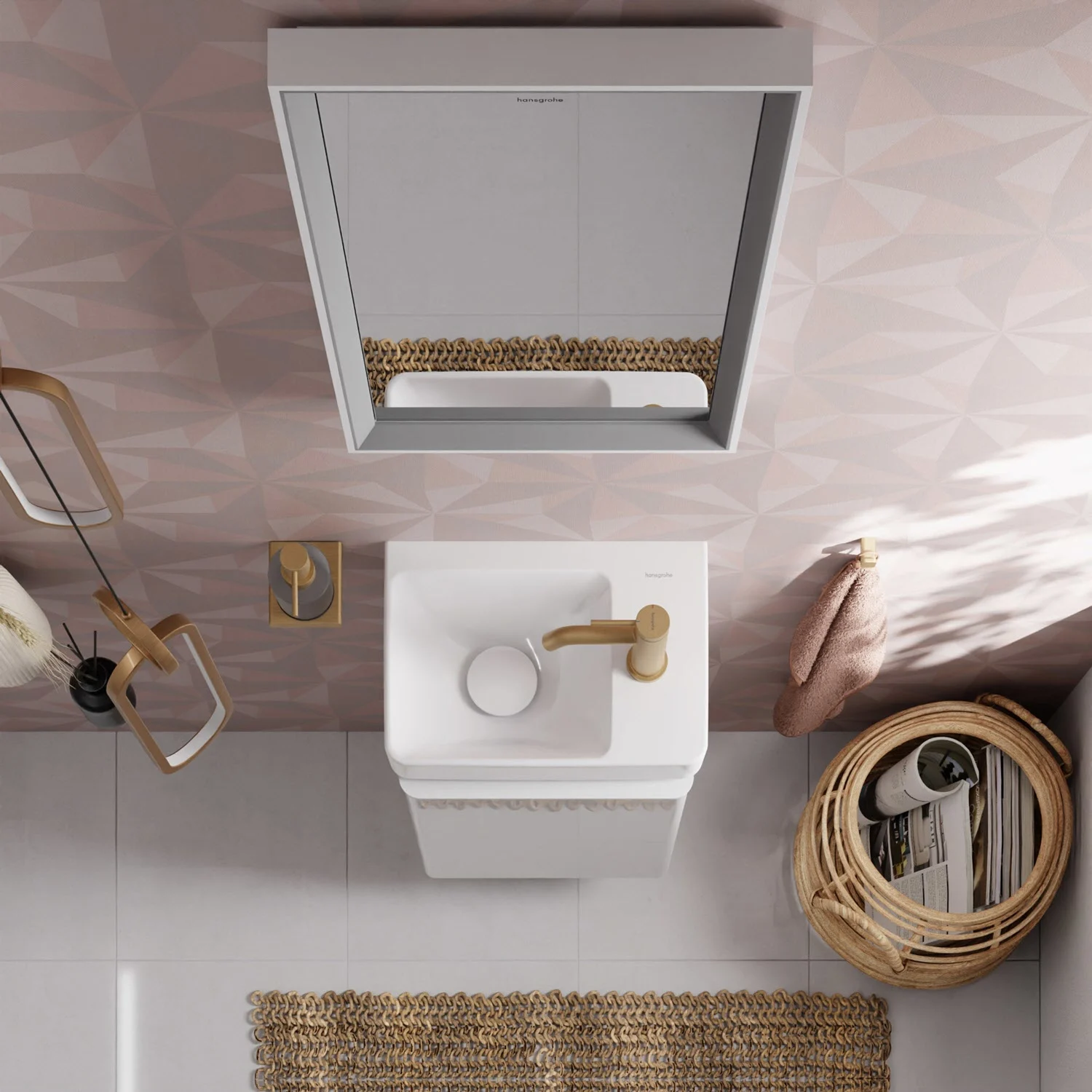 Łazienka z kwadratową umywalką z góry, hansgrohe