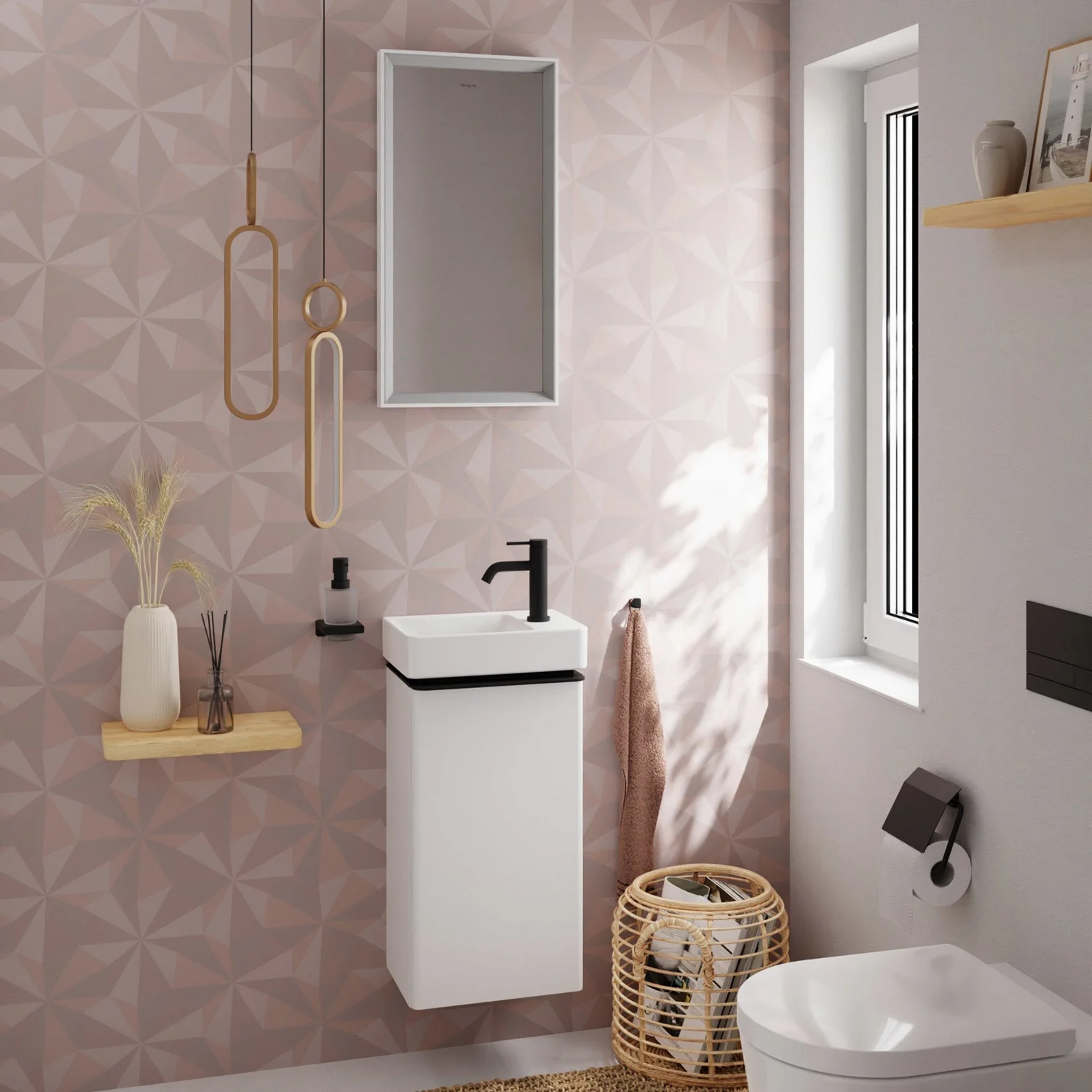 Nowoczesna łazienka z małą umywalką, hansgrohe